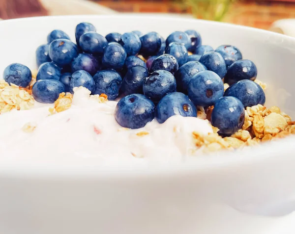 Blueberry Yogurt Cereal Bowl Healthy Breakfast Morning Meal Sweet Food — Stock Fotó