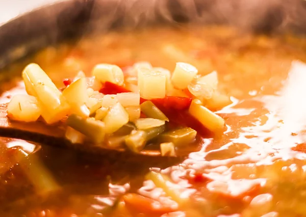 Cooking Vegetable Soup Saucepan Comfort Food Homemade Meal Concept — Stockfoto