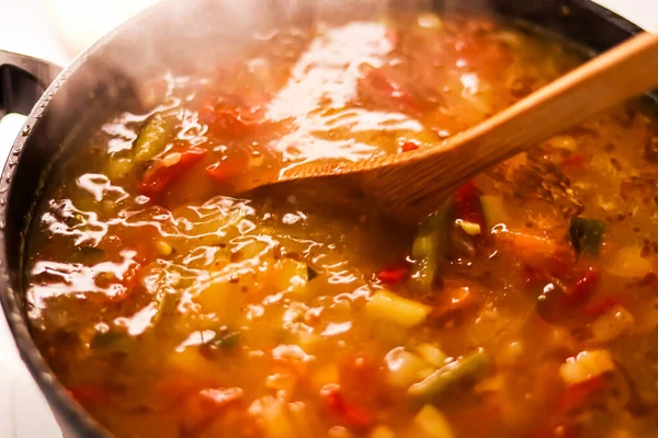Cooking Vegetable Soup Saucepan Comfort Food Homemade Meal Concept — Fotografia de Stock