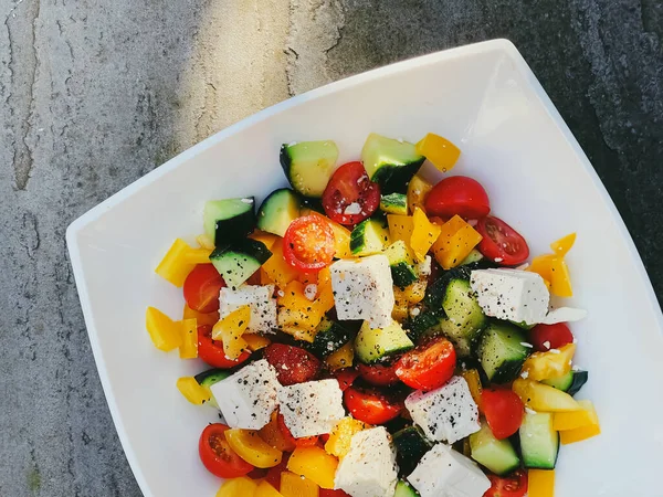Fresh Vegetable Greek Salad Cherry Tomatoes Bell Pepper Cucumber Feta — Stockfoto