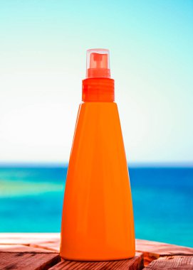 Suntan lotion, spf protection and skin care, sun tan bottle on the beach, beauty and skincare cosmetics product brand