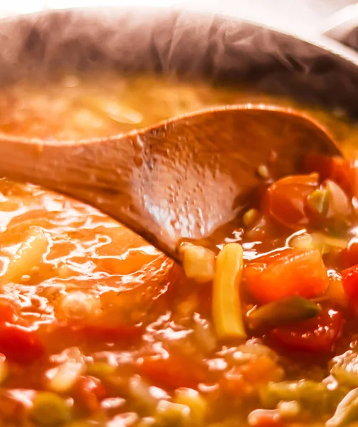 Cooking Vegetable Soup Saucepan Comfort Food Homemade Meal Concept — Stockfoto