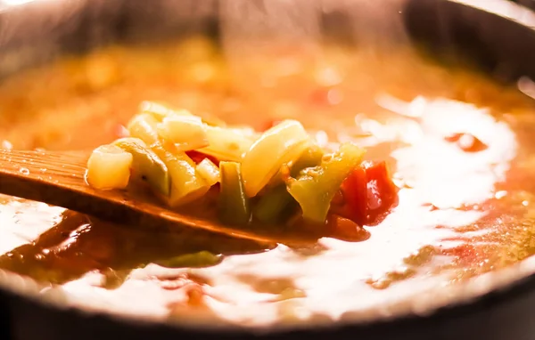 Cooking Vegetable Soup Saucepan Comfort Food Homemade Meal Concept — Stockfoto