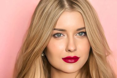 Beauty, makeup and hairstyle, beautiful blonde woman with red matte lipstick make up on pink background as bridal make-up look, fashion and glamour model face portrait for cosmetics, skincare and hair