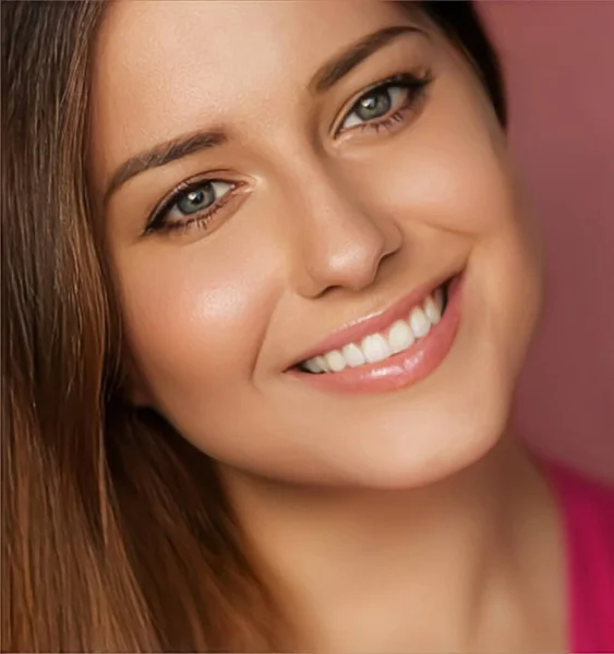 Beauty, makeup and skincare cosmetics model face portrait on pink background, smiling woman with natural makeup, perfect healthy teeth, dental care closeup