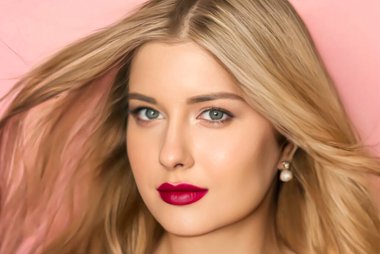 Beauty, makeup and hairstyle, beautiful blonde woman with red matte lipstick make up on pink background as bridal make-up look, fashion and glamour model face portrait for cosmetics, skincare and hair