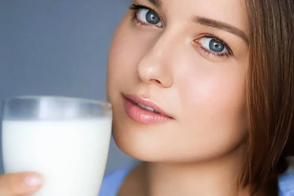 Happy Young Woman Glass Milk Protein Milk Shake Healthy Cocktail — Stok fotoğraf