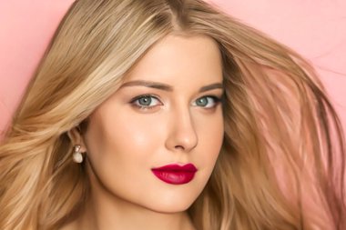 Beauty, makeup and hairstyle, beautiful blonde woman with red matte lipstick make up on pink background as bridal make-up look, fashion and glamour model face portrait for cosmetics, skincare and hair