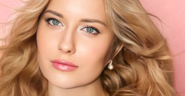 Beauty, makeup and curly hairstyle, beautiful blonde woman with glossy lipstick make up on pink background as bridal make-up look, fashion and glamour model face portrait for cosmetics, skincare and