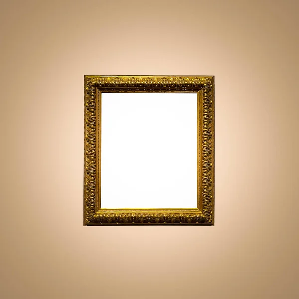 Antique art fair gallery frame on beige wall at auction house or museum exhibition, blank template with empty white copyspace for mockup design, artwork concept