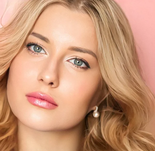 Beauty, makeup and curly hairstyle, beautiful blonde woman with glossy lipstick make up on pink background as bridal make-up look, fashion and glamour model face portrait for cosmetics, skincare and