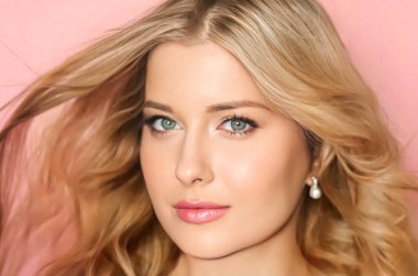 Beauty, makeup and curly hairstyle, beautiful blonde woman with glossy lipstick make up on pink background as bridal make-up look, fashion and glamour model face portrait for cosmetics, skincare and