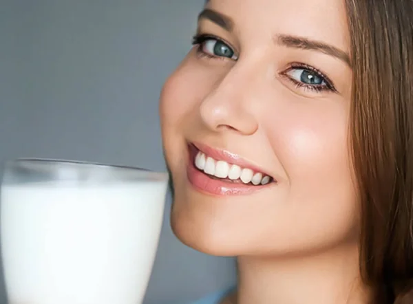 Diet Wellness Young Woman Glass Milk Protein Shake Cocktail Portrait — Stok fotoğraf