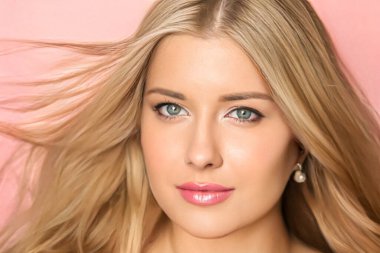 Beauty, makeup and hairstyle, beautiful blonde woman with glossy lipstick make up on pink background as bridal make-up look, fashion and glamour model face portrait for cosmetics, skincare and hair