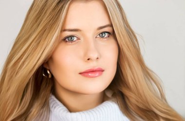 Autumn winter fashion and knitwear, beautiful woman wearing warm knitted sweater, close-up portrait