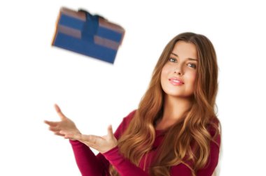 Birthday, Christmas or holiday present, happy woman holding a blue gift or luxury beauty box subscription delivery isolated on white background, portrait