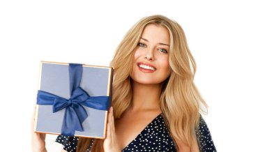 Holiday present, happy woman holding a gift or luxury beauty box subscription delivery isolated on white background, portrait