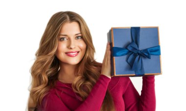 Birthday, Christmas or holiday present, happy woman holding a blue gift or luxury beauty box subscription delivery isolated on white background, portrait