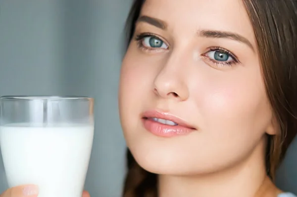 Diet Wellness Young Woman Glass Milk Protein Shake Cocktail Portrait — Stock fotografie