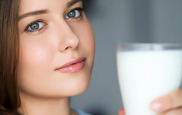 Diet Wellness Young Woman Glass Milk Protein Shake Cocktail Portrait — Stock fotografie