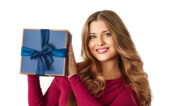 Birthday Christmas Holiday Present Happy Woman Holding Blue Gift Luxury — Stock Fotó