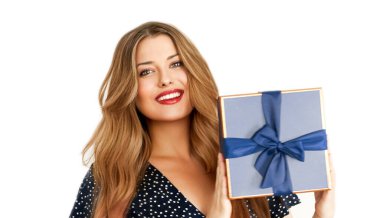 Birthday, Christmas or holiday present, happy woman holding a blue gift or luxury beauty box subscription delivery isolated on white background, portrait