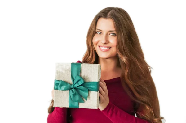 Christmas Holiday Present Happy Woman Holding Gift Luxury Beauty Box — Fotografia de Stock