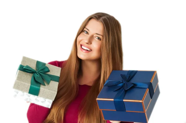 Birthday Christmas Gifts Holiday Present Happy Woman Holding Gift Boxes — Stock Photo, Image