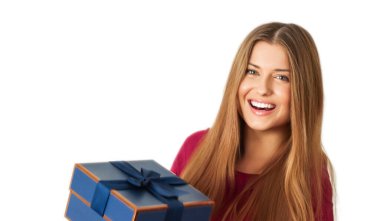 Birthday, Christmas or holiday present, happy woman holding a blue gift or luxury beauty box subscription delivery isolated on white background, portrait