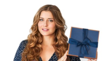 Birthday, Christmas or holiday present, happy woman holding a blue gift or luxury beauty box subscription delivery isolated on white background, portrait