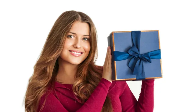 Birthday Christmas Holiday Present Happy Woman Holding Blue Gift Luxury — Stock Fotó