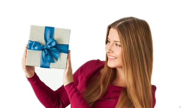 Christmas Holiday Present Happy Woman Holding Gift Luxury Beauty Box — Foto de Stock