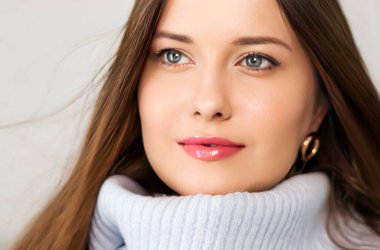 Autumn winter fashion and knitwear, beautiful woman wearing warm knitted sweater, close-up portrait