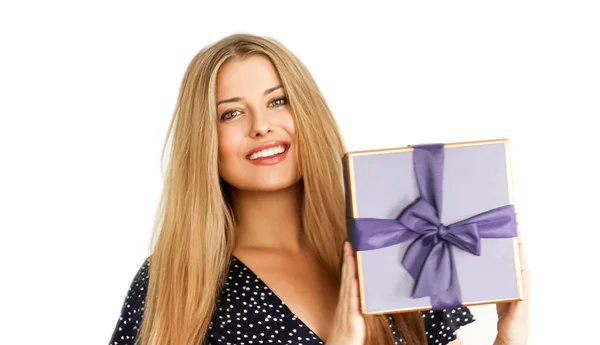 Holiday Present Happy Woman Holding Gift Luxury Beauty Box Subscription — Zdjęcie stockowe