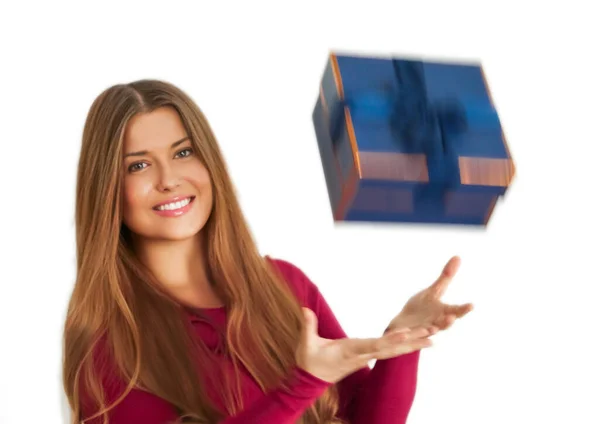 Birthday Christmas Holiday Present Happy Woman Holding Blue Gift Luxury — Stock fotografie