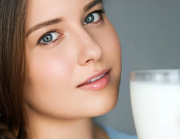 Diet Wellness Young Woman Glass Milk Protein Shake Cocktail Portrait — Foto de Stock