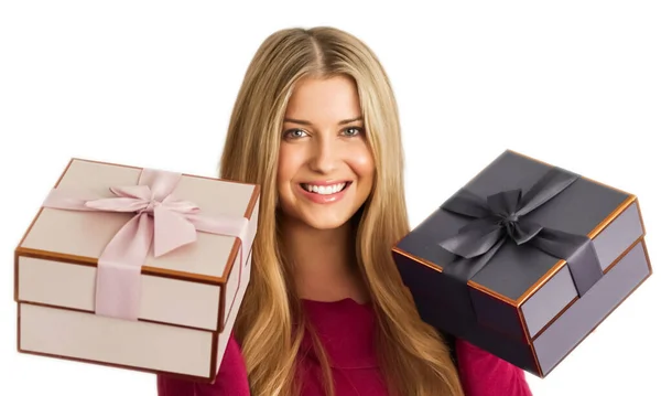 Birthday Christmas Gifts Holiday Present Happy Woman Holding Gift Boxes — Zdjęcie stockowe