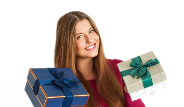 Birthday Christmas Gifts Holiday Present Happy Woman Holding Gift Boxes — Photo