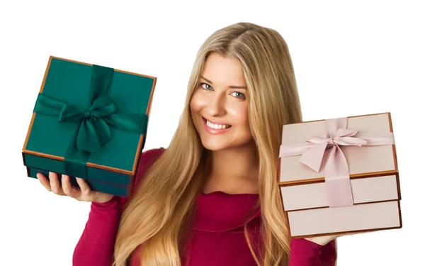 Presentes Natal Presentes Férias Mulher Feliz Segurando Caixas Presente Isoladas — Fotografia de Stock