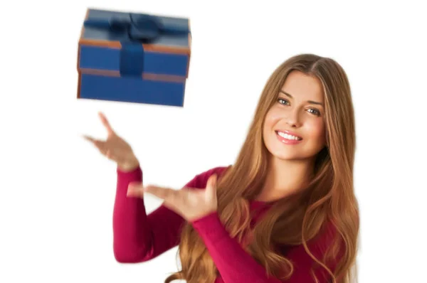 Birthday Christmas Holiday Present Happy Woman Holding Blue Gift Luxury — Zdjęcie stockowe