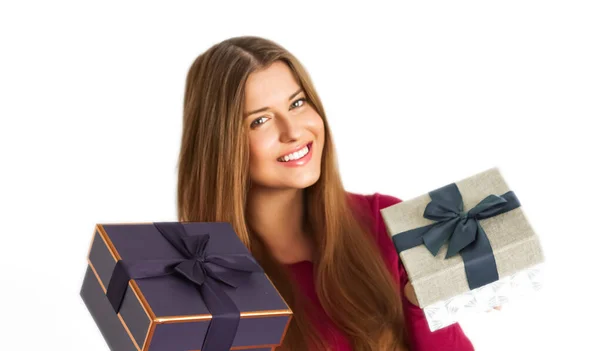 Birthday Christmas Gifts Holiday Present Happy Woman Holding Gift Boxes — Photo