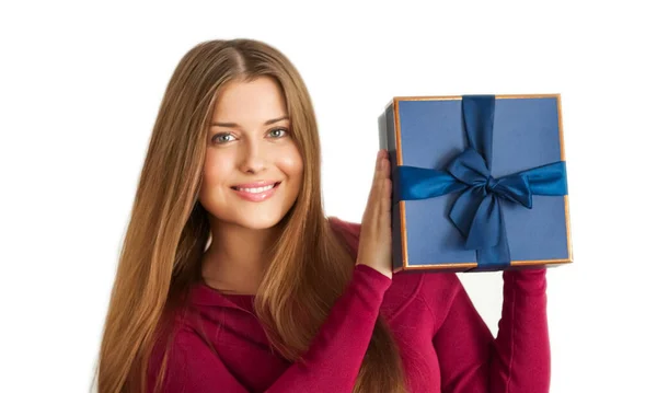 Birthday Christmas Holiday Present Happy Woman Holding Blue Gift Luxury — Zdjęcie stockowe