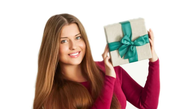 Christmas Holiday Present Happy Woman Holding Gift Luxury Beauty Box — Foto Stock