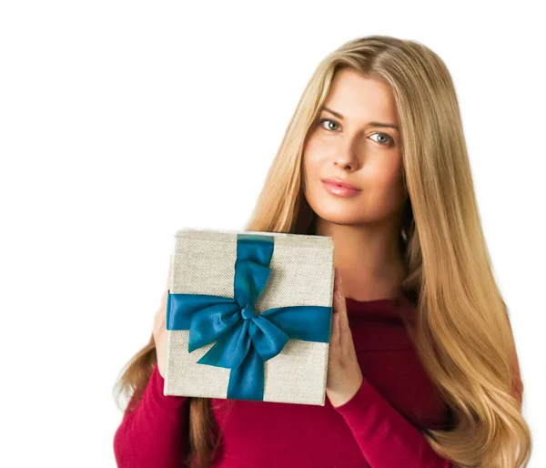 Holiday Present Happy Woman Holding Gift Luxury Beauty Box Subscription — Fotografia de Stock