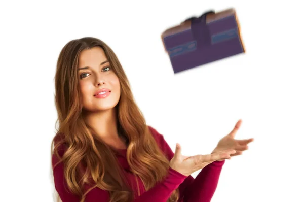 Birthday Christmas Holiday Present Happy Woman Holding Purple Gift Luxury — Stock Photo, Image