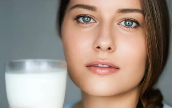 Diet Wellness Young Woman Glass Milk Protein Shake Cocktail Portrait — 图库照片