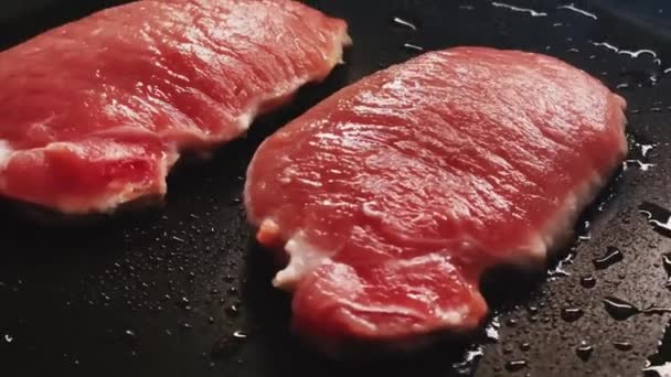 Voedsel Recept Het Koken Van Vlees Filet Steak Koekenpan Hoge — Stockvideo