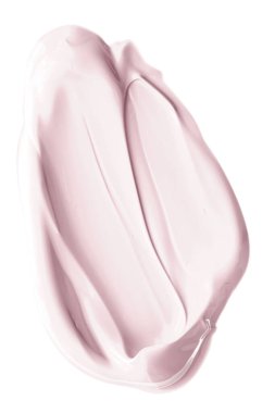 Pastel güzellik kumaşı, cilt bakımı ve makyaj malzemesi örnekleri beyaz arka planda izole edilmiş, makyaj lekesi, krem makyaj kremi lekesi veya boya fırçası darbesi yakın çekim