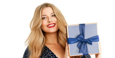 Holiday present, happy woman holding a gift or luxury beauty box subscription delivery isolated on white background, portrait