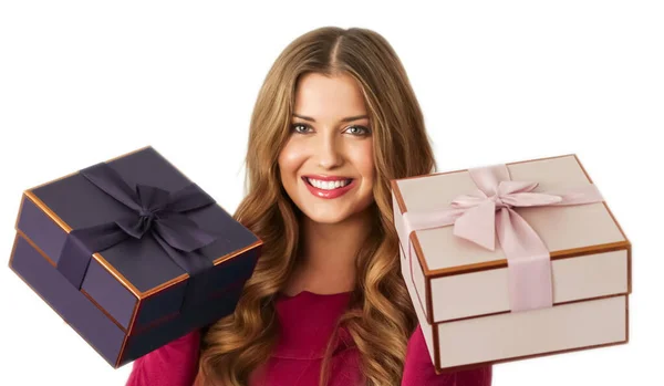 Birthday Christmas Gifts Holiday Present Happy Woman Holding Gift Boxes — Zdjęcie stockowe